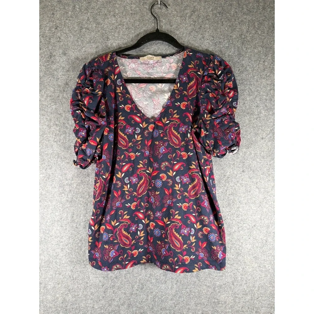 LOFT Womens Size M Navy Blue Paisley Cotton V-Neck Ruched Puff Sleeve Top Artsy‎